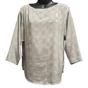 Vintage Alexandria Medium Silver Gray Satin Long Sleeve Blouse w/Block Accents